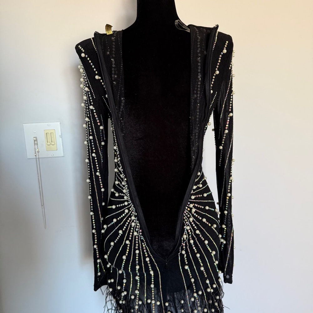 Black Embellished Deep V Mini Dress - Picture 11 of 14